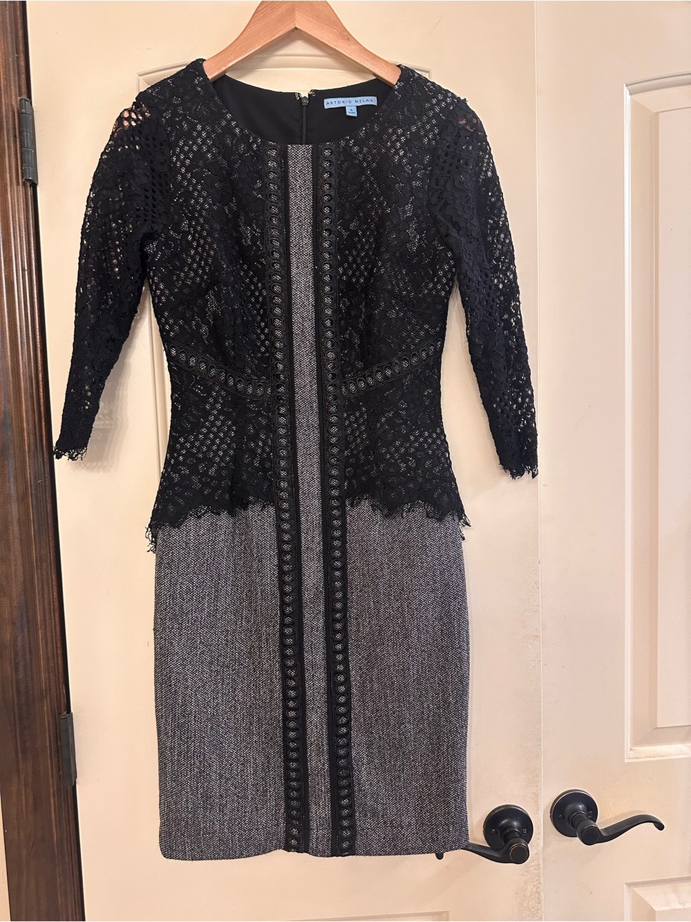 ANTONIO MELANI Black Lace Top with Gray Tweed Sheath Dress